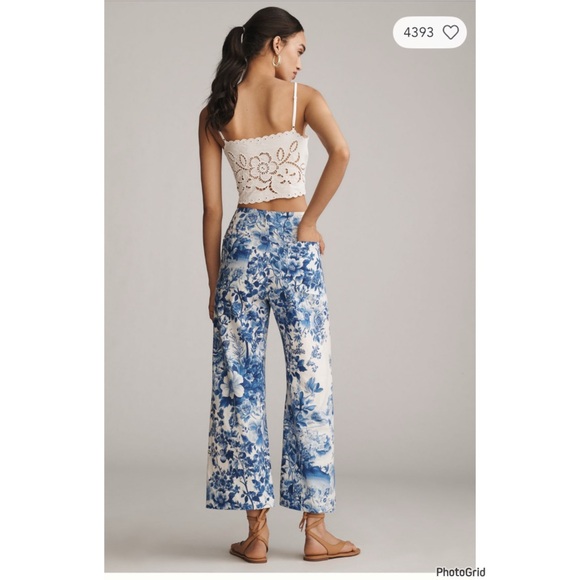 Anthropologie Colette Printed Linen Crop Wide Leg Pants 33 White Blue Floral NEW - Picture 5 of 5